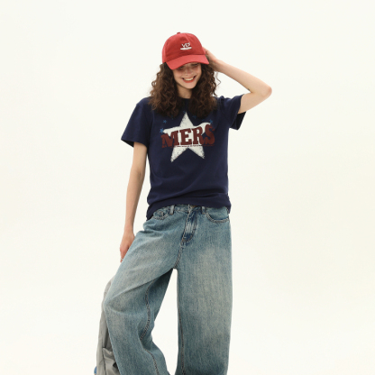 正肩T恤女美式復古星星印花夏季設計感短款寬鬆短袖上衣