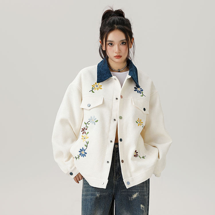美式復古國潮刺繡夾克外套女工裝巴恩風拼色春秋款棒球服