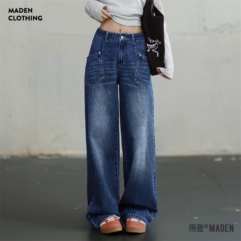 馬登女裝 美式闊腿牛仔褲水洗丹寧直筒拖地褲子設計感顯瘦長褲春秋季女