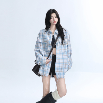 美式復古毛邊格子襯衫女設計感小眾寬鬆休閒襯衣女秋