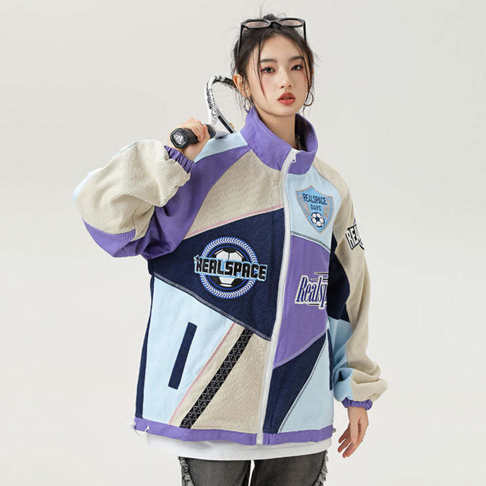 美式復古國潮刺繡拼接立領夾克女運動設計感機車風外套