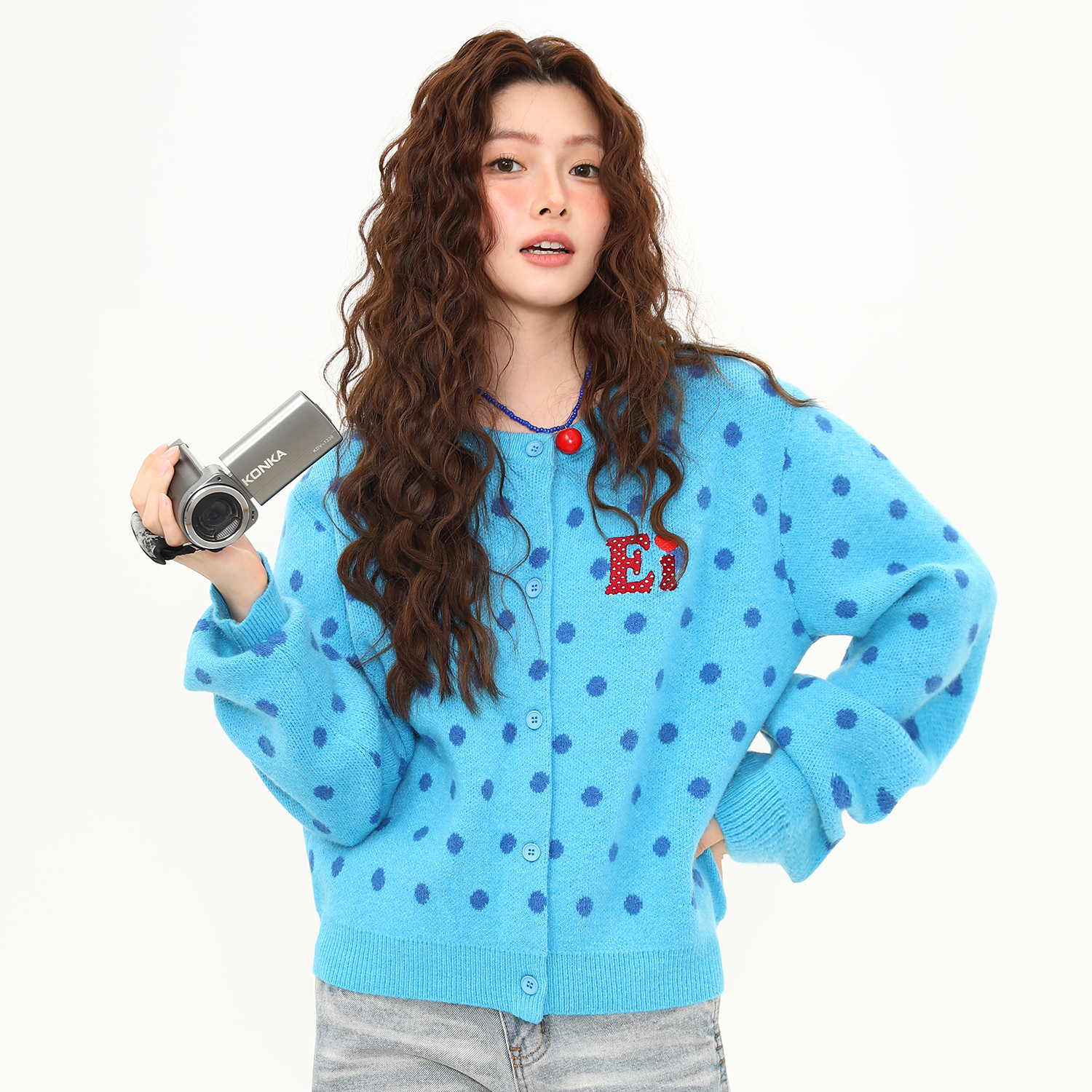 美式復古波點開衫藍色毛衣外套女秋冬短款慵懶風針織衫