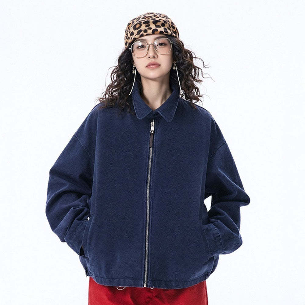 復古水洗做舊外套女春季2025新款美式純色夾克寬鬆街頭潮牌上衣