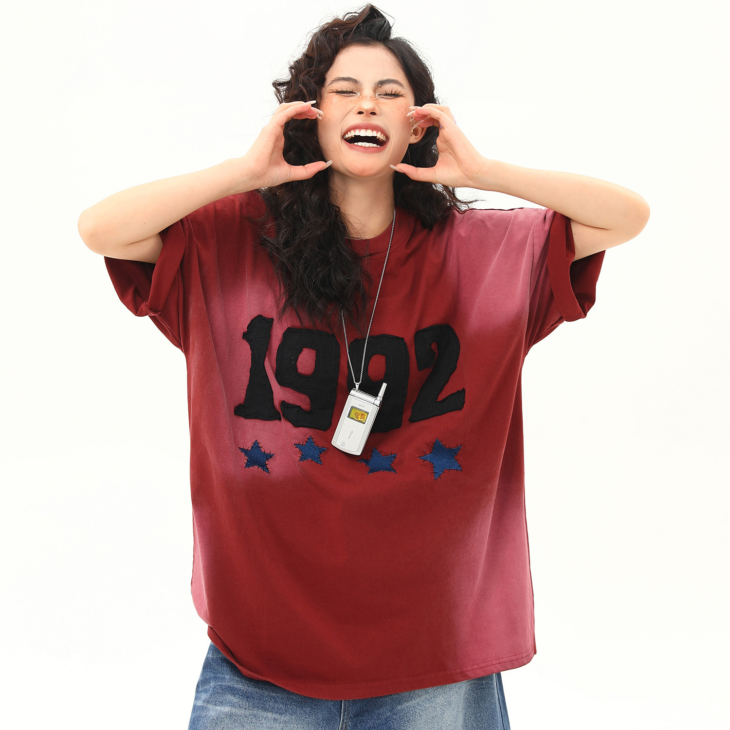 美式復古水洗噴繪重磅短袖T恤女刺繡字母紅色tee