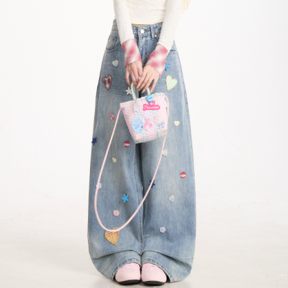 愛心貼布星星紐扣裝潢牛仔褲女復古做舊水洗闊腿直筒褲子