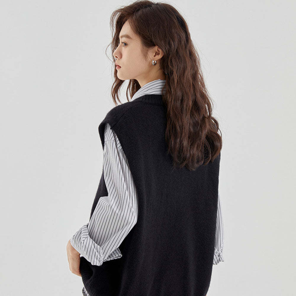 V領針織馬甲背心女早秋疊穿無袖毛衣毛線坎肩馬夾