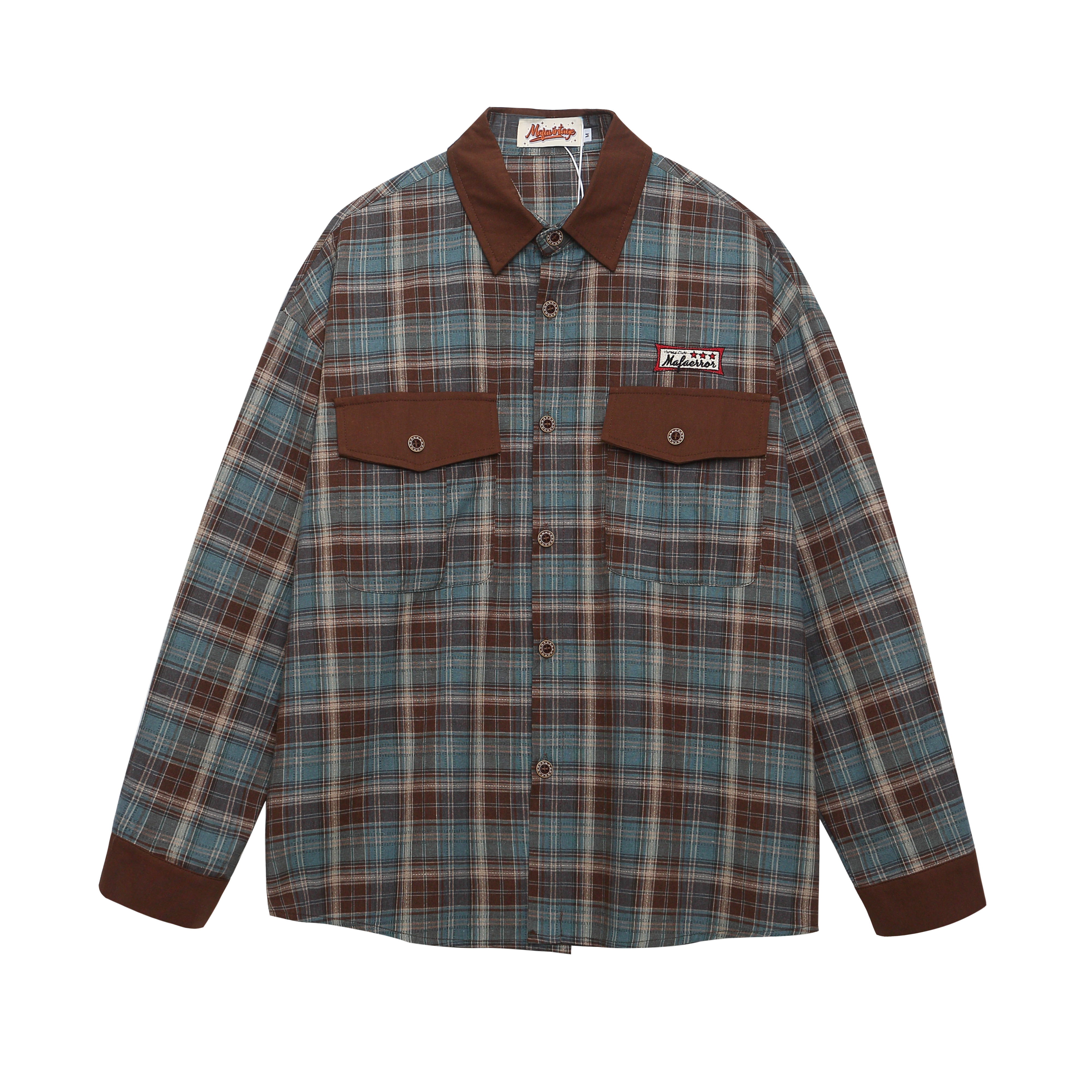 早秋新款美式復古長袖格子襯衫女拼接設計感潮流外穿襯衣