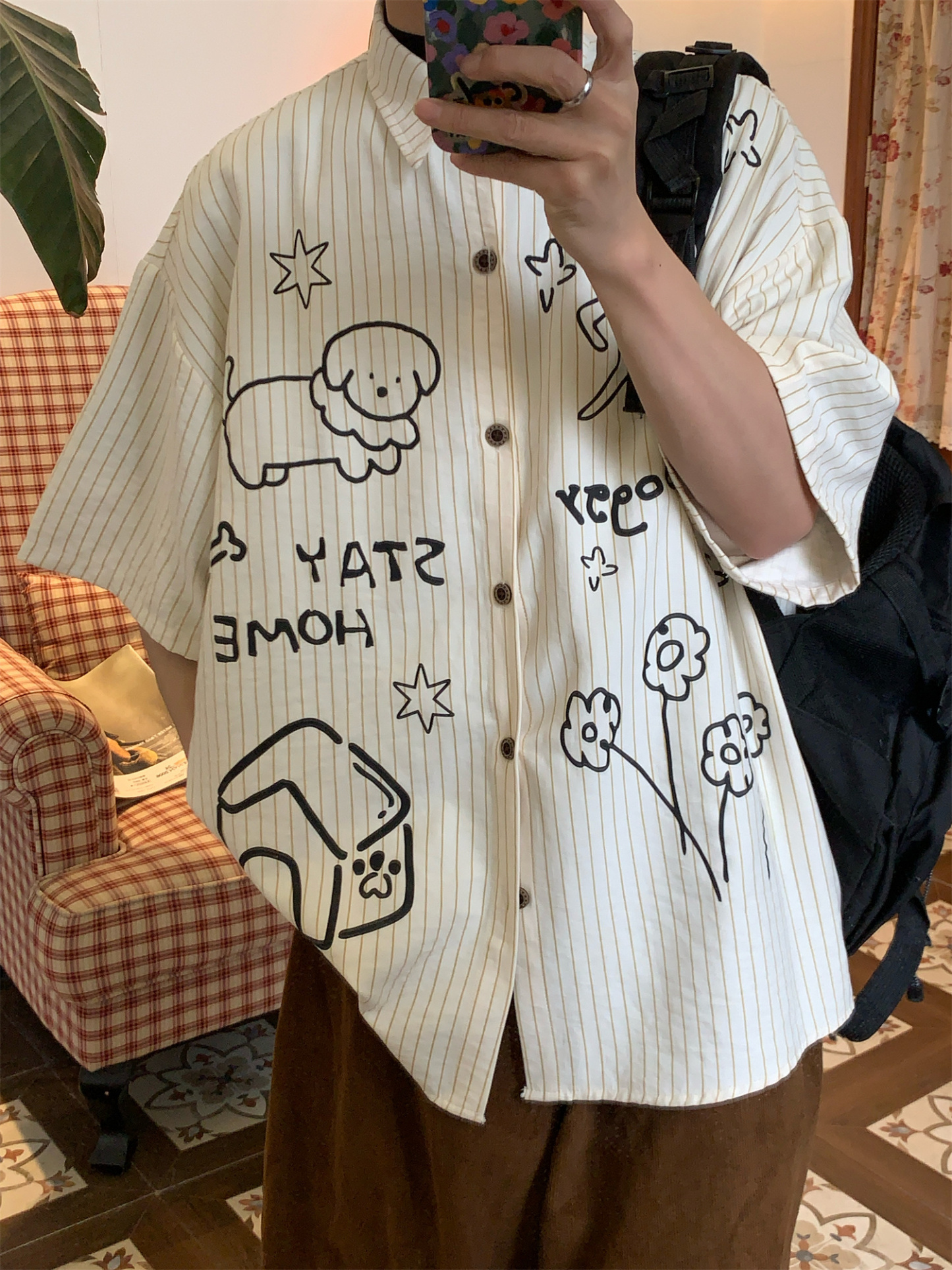 美式復古條紋短袖襯衫夏季寬鬆小狗百搭寬鬆上衣