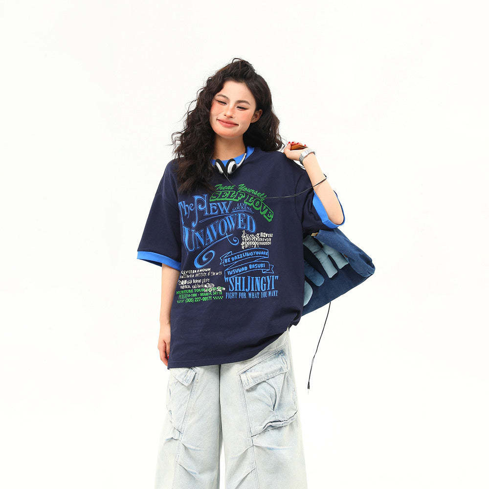 圓領撞色設計感美式復古字母短袖T恤女夏季潮牌上衣