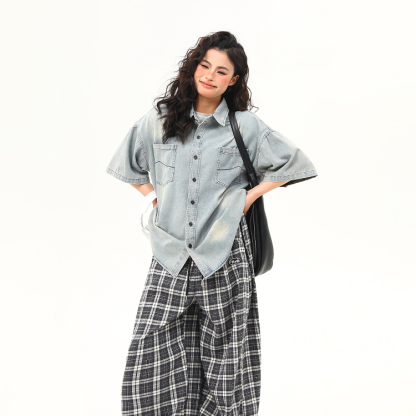 美式復古水洗牛仔短袖襯衫女夏季潮流百搭外穿襯衣