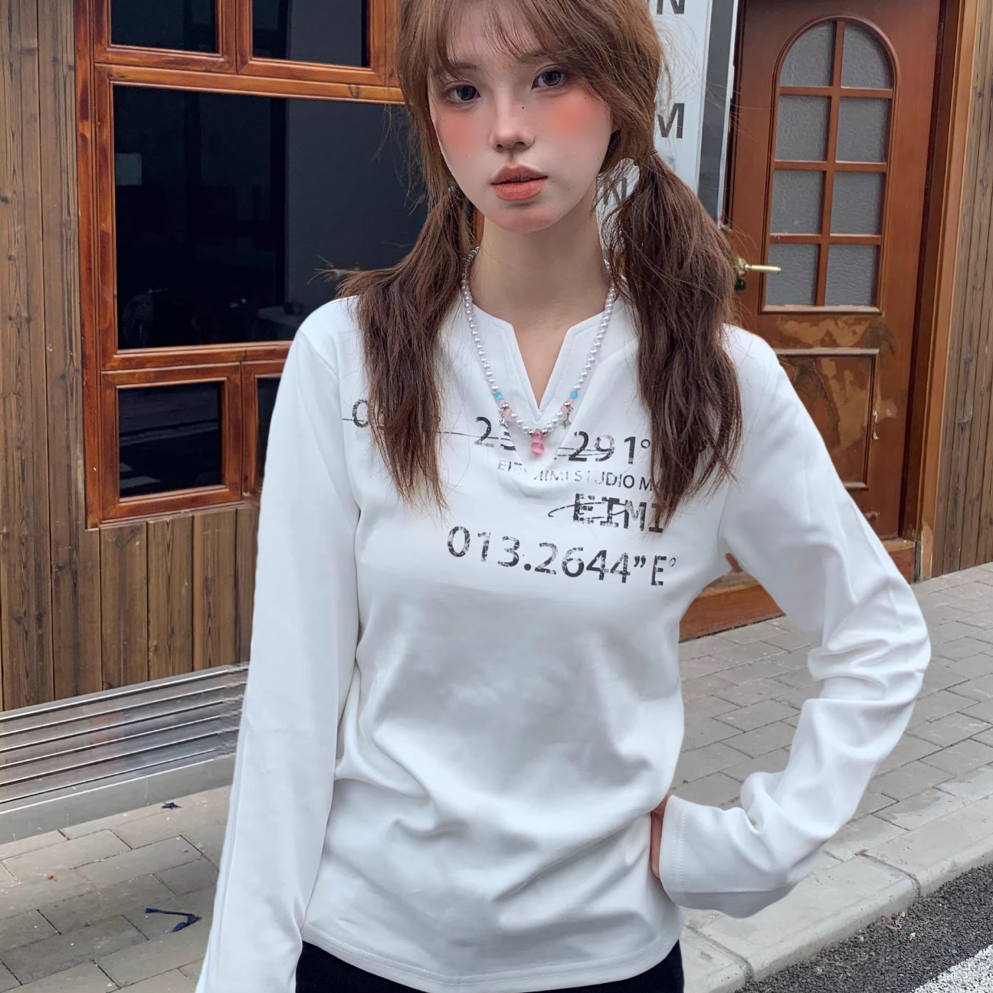 美式做舊字母印花v領長袖女秋季寬鬆設計感打底衫T恤上衣