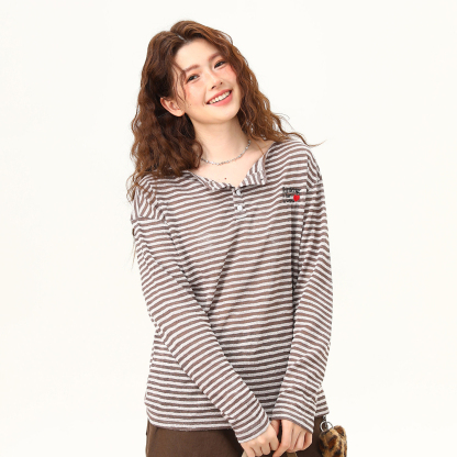 春夏新款復古條紋長袖T恤女一字肩慵懶風薄款防曬罩衫女