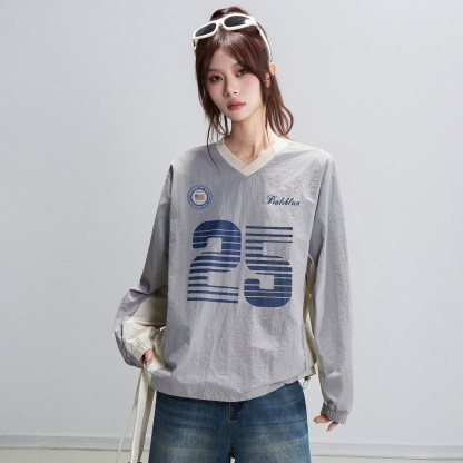 美式復古灰色v領正肩套頭長袖衛衣女秋季寬鬆運動設計感小眾上衣