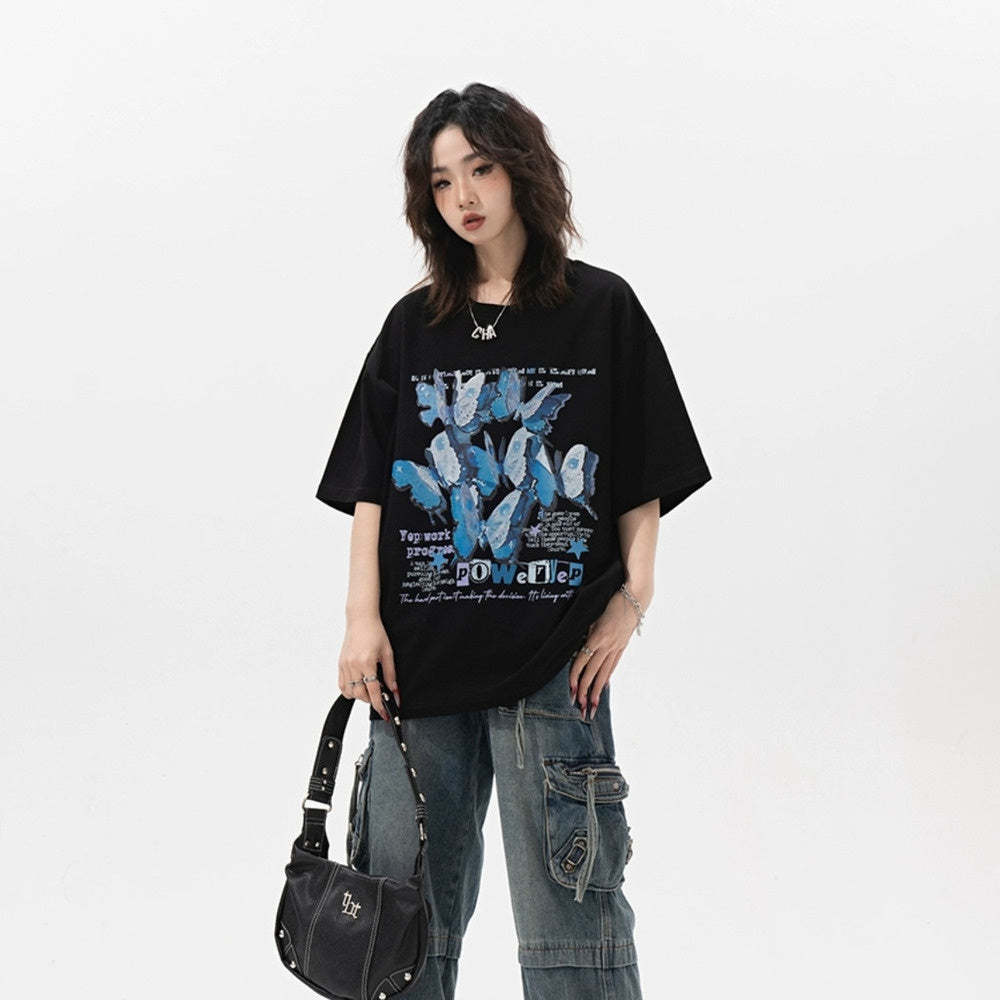 復古蝴蝶印花短袖t恤女夏季2025新款純棉國潮寬鬆半袖上衣