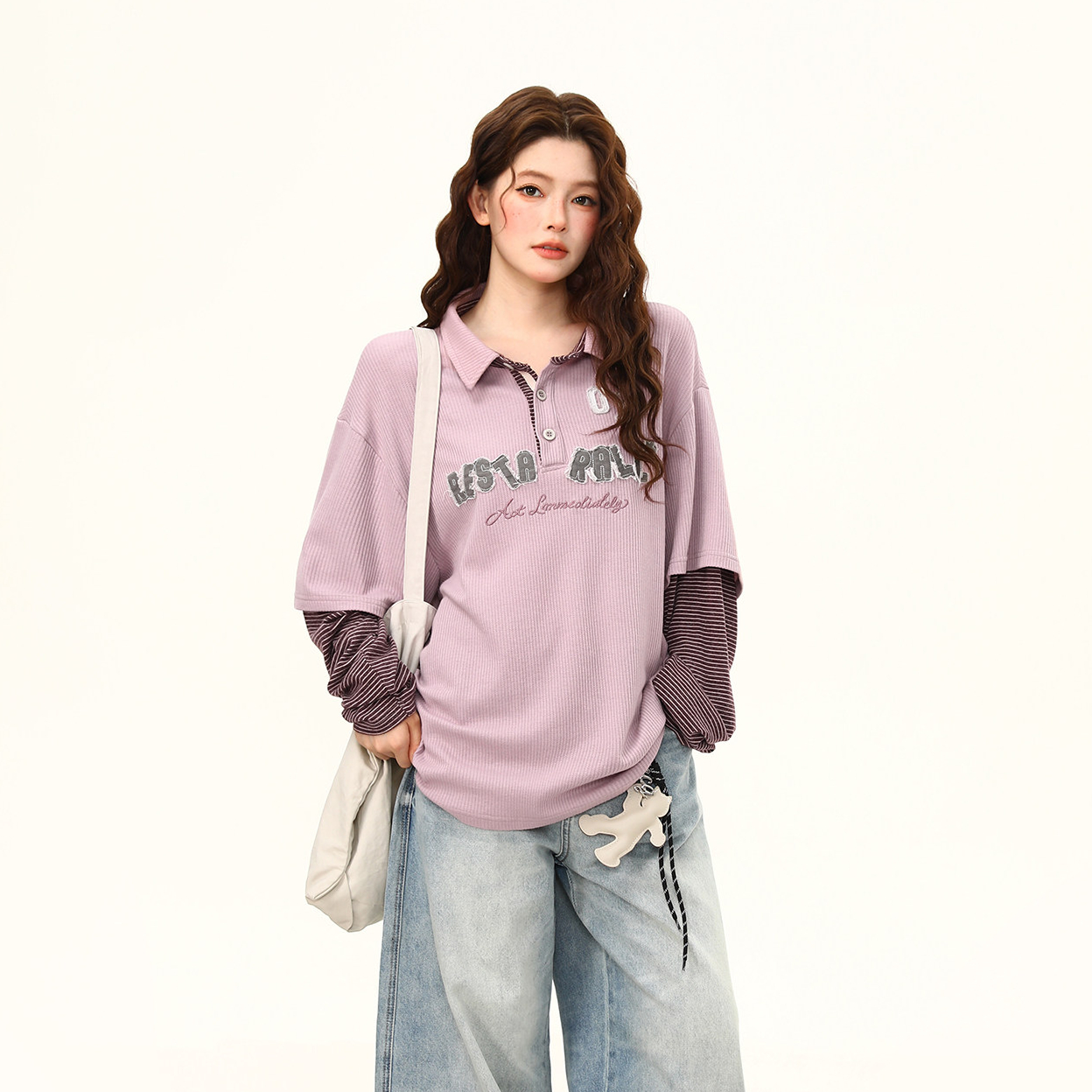 美式復古字母刺繡假兩件長袖T恤女秋季新款polo翻領衛衣