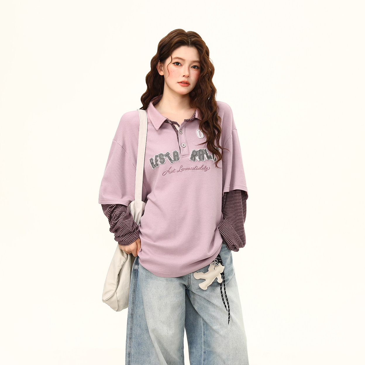 美式復古字母刺繡假兩件長袖T恤女秋季新款polo翻領衛衣