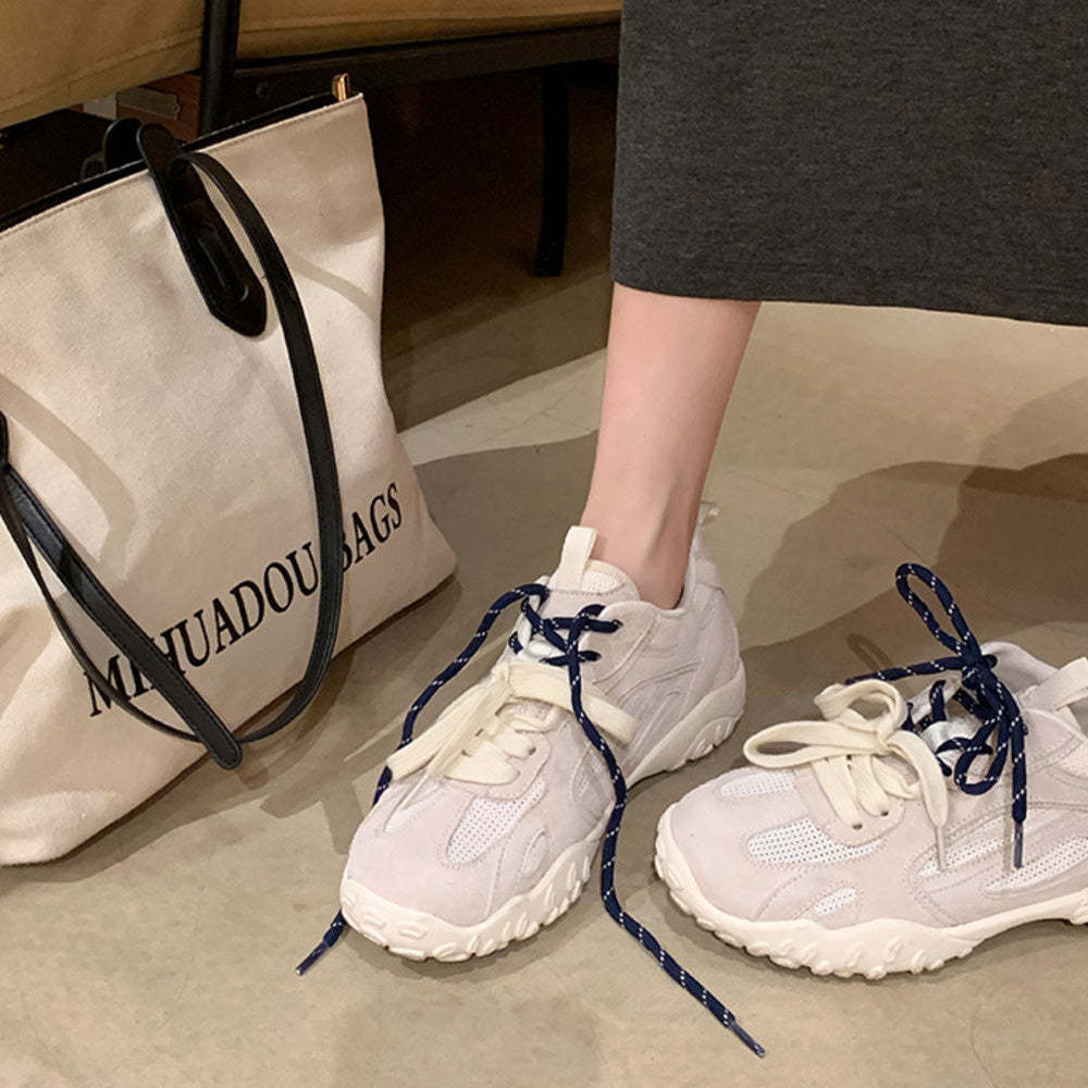 新款內增高經典軟底板鞋圓頭拼接透氣網面德訓阿甘鞋