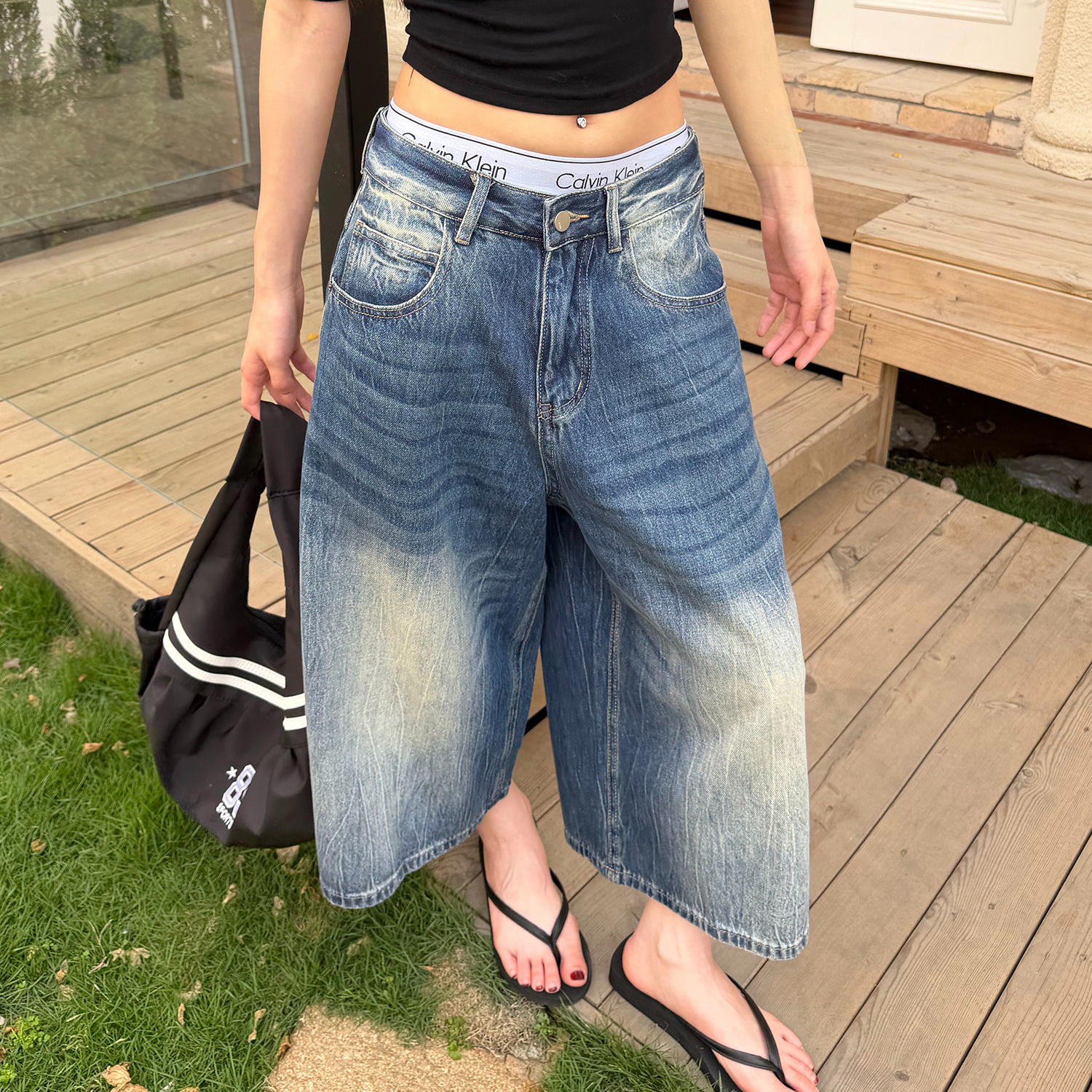 美式復古水洗閃電紋寬鬆七分牛仔短褲女街頭潮流夏季褲子