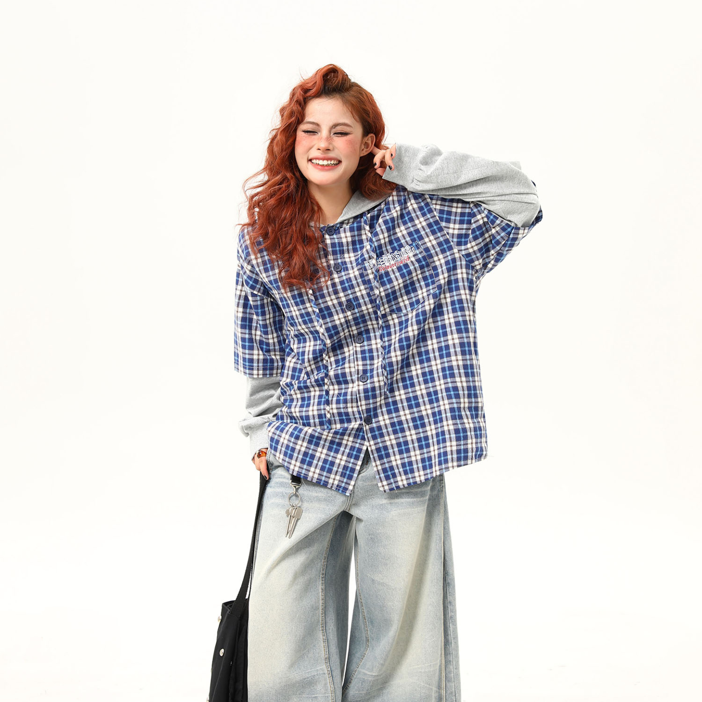 早秋新款假兩件連帽格子長袖襯衫女復古寬鬆百搭外穿襯衣