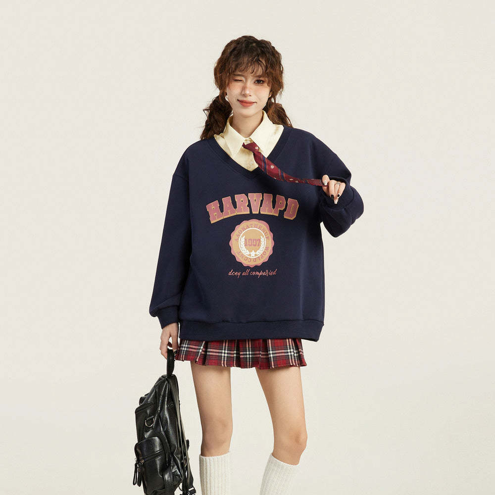 美式復古假兩件v領無帽套頭衛衣女秋季秋冬學院風設計感冬季上衣