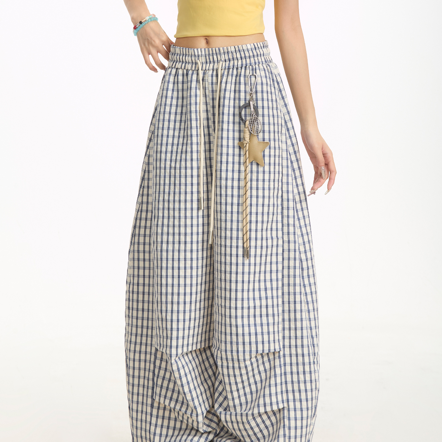 星星掛飾褲子夏季藍色格子直筒褲女垂感慵懶休閒闊腿褲ins