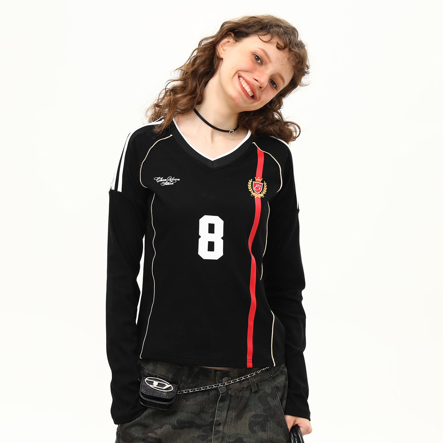 美式復古球衣V領辣妹長袖正肩T恤女秋季短款顯瘦修身上衣