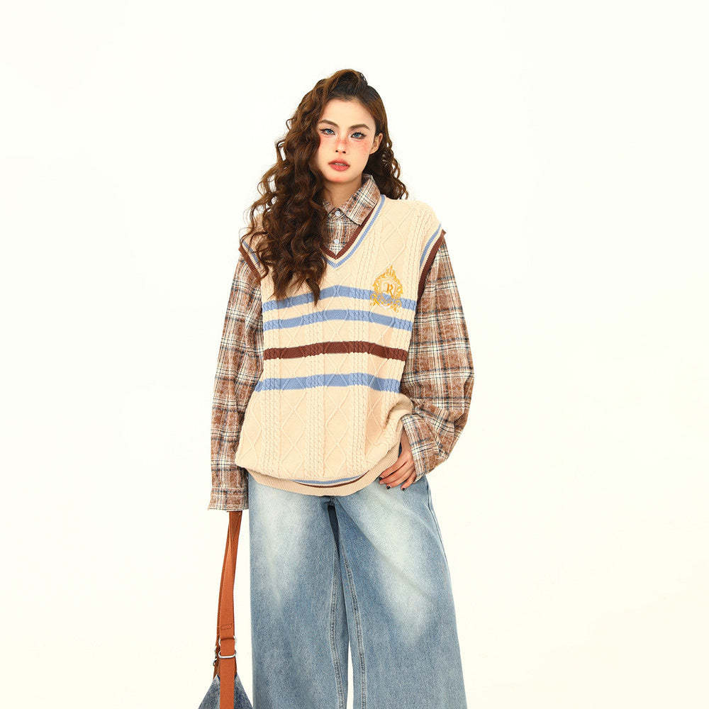 美式復古學院風假兩件毛衣女秋冬寬鬆格子針織衫上衣