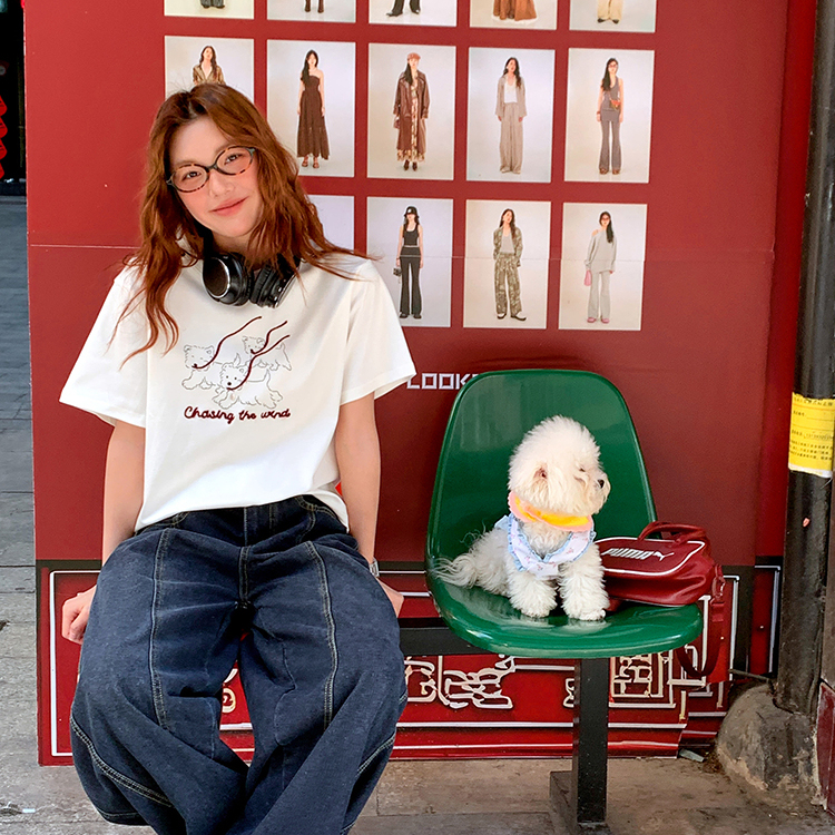 立體刺繡t恤短袖女新款休閒慵懶風小個子韓系圓領上衣