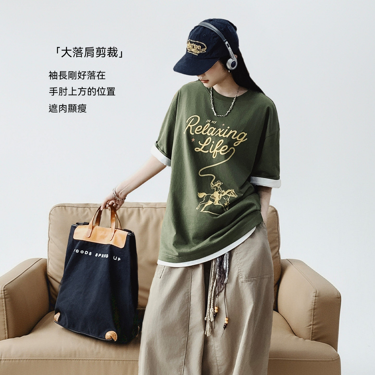 美式復古墨綠色圓領純棉寬鬆版落肩袖印花短袖T恤上衣女士夏