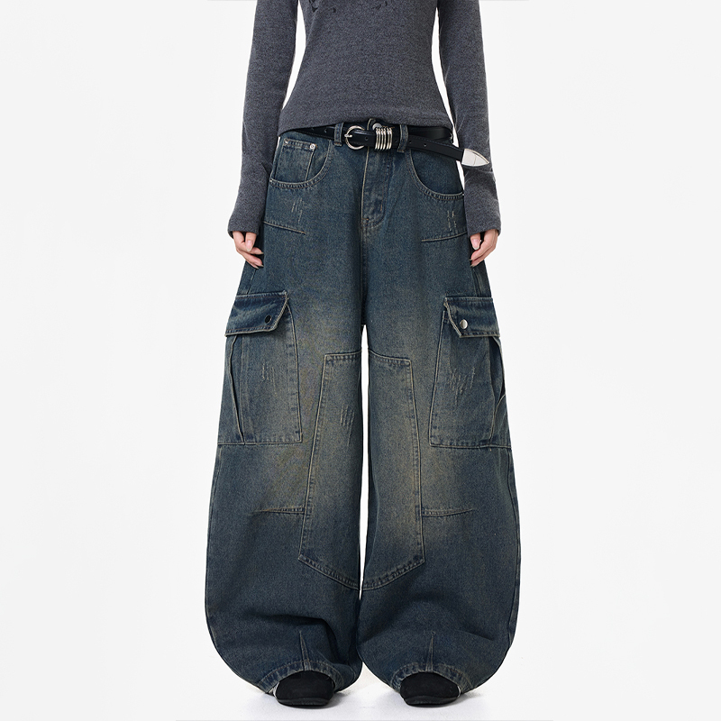 水洗解構拼接重磅牛仔褲女美式潮牌工裝直筒闊腿長褲子