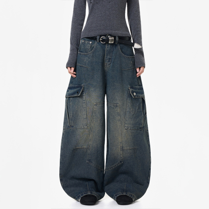 水洗解構拼接重磅牛仔褲女美式潮牌工裝直筒闊腿長褲子