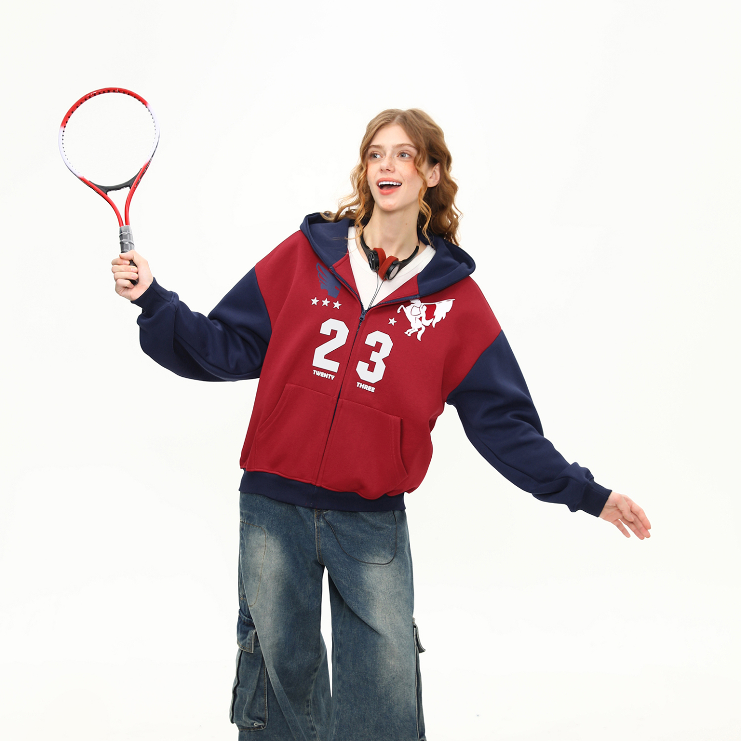 美式復古重磅開衫連帽衛衣女高克重印花潮牌拉鍊外套