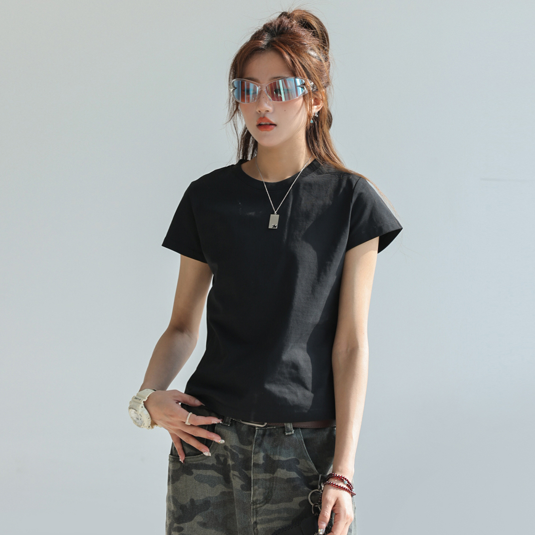重磅240G正肩短袖女夏索羅娜凉感防曬t恤修身短上衣