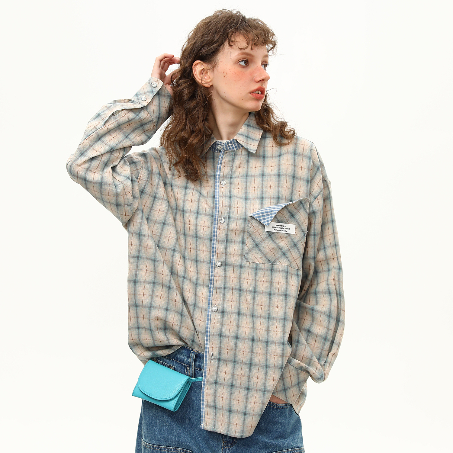 美式復古拼接格紋設計感長袖襯衫女秋季新款小眾潮牌襯衣