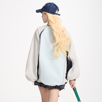 美式撞色運動風長袖衛衣女秋季復古慵懶風速幹寬鬆上衣