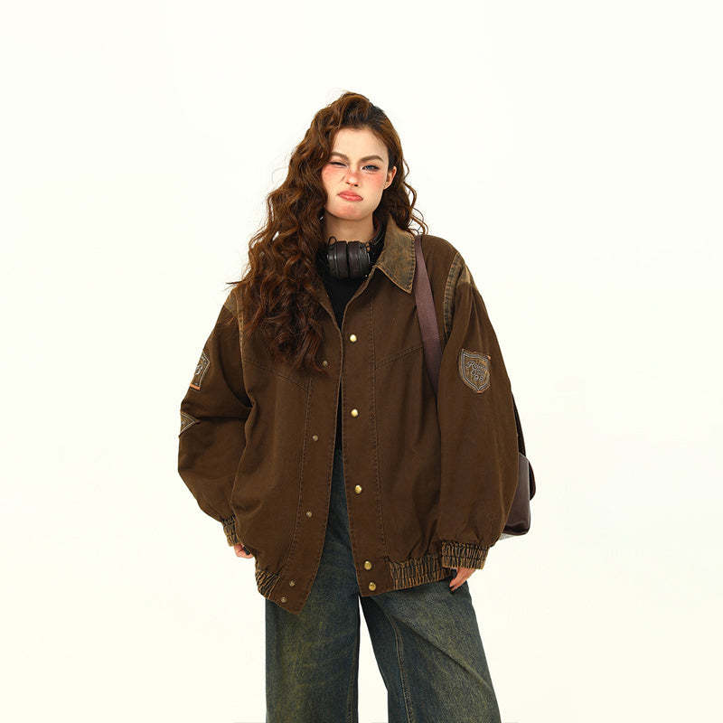 冬季美式復古水洗工裝夾棉外套女美拉德棕色夾克