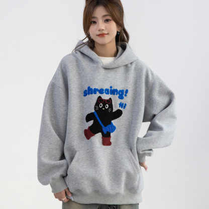韓系可愛猫咪毛巾繡連帽衛衣女款小個子寬鬆長袖上衣