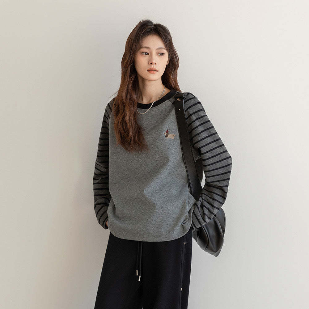 撞色條紋內搭長袖t恤女2025春季休閒打底衫上衣