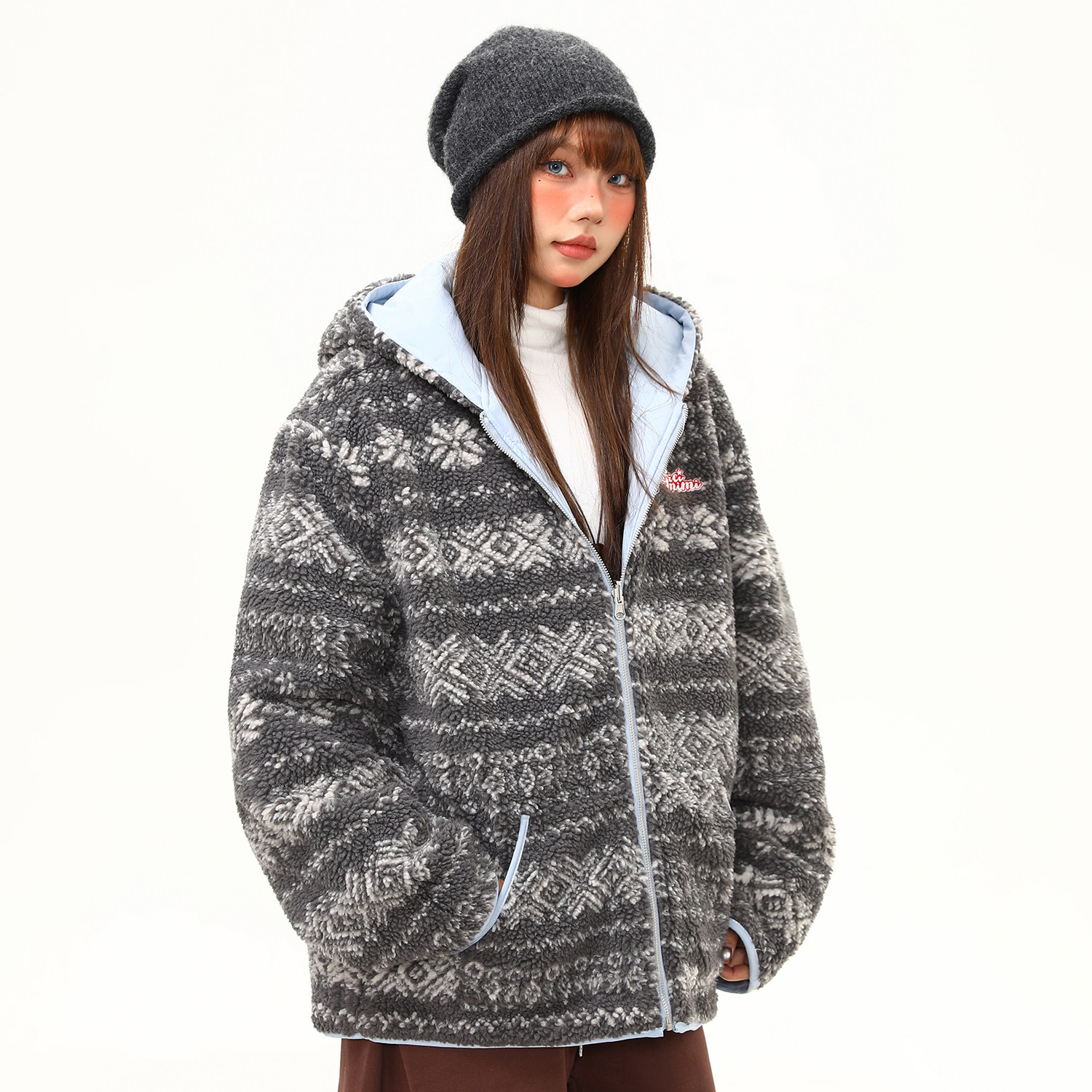 冬季復古費爾島羊羔絨雙面穿棉服女寬鬆氛圍感加厚外套