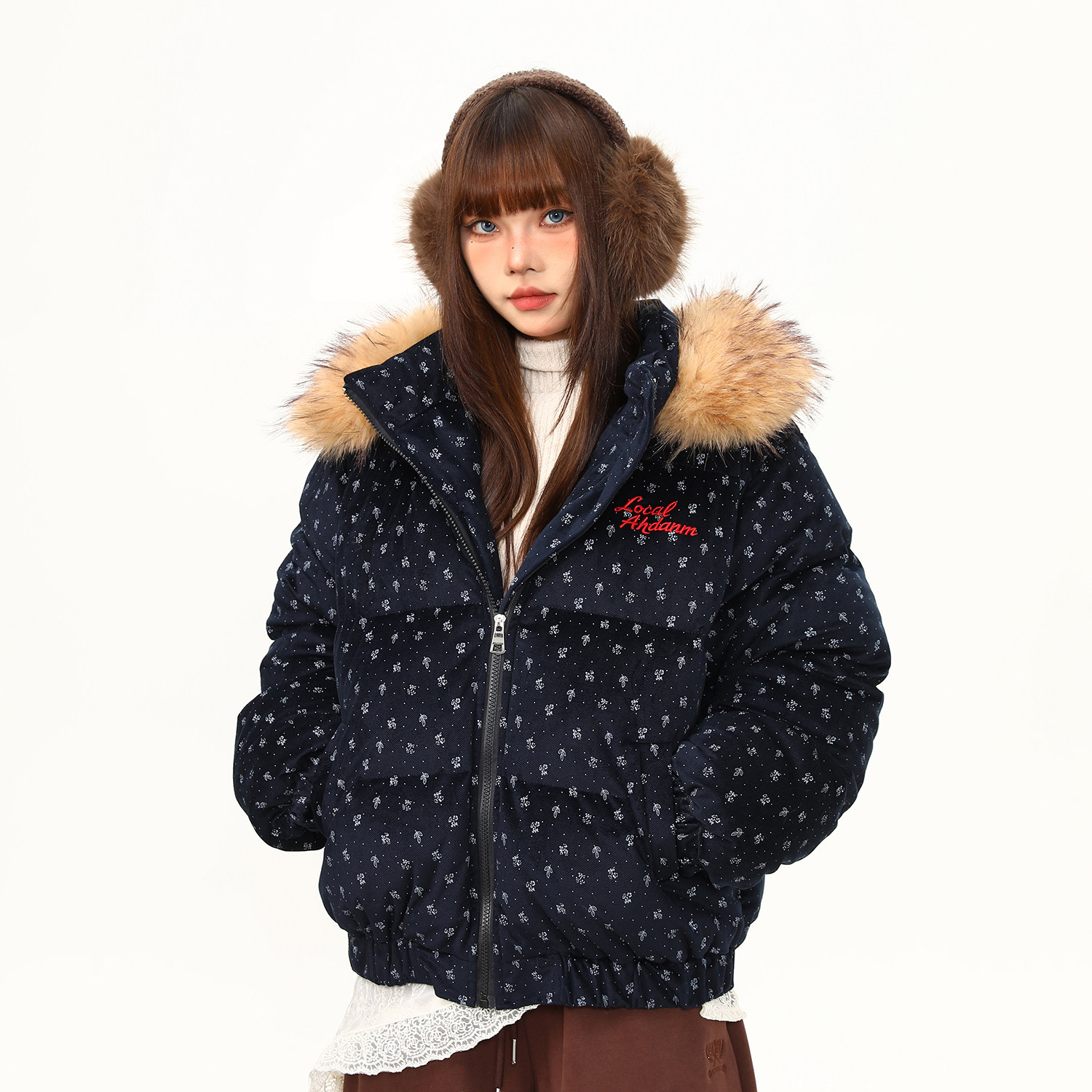 棉服女美式復古碎花設計感外套女冬季保暖加厚可拆卸棉衣