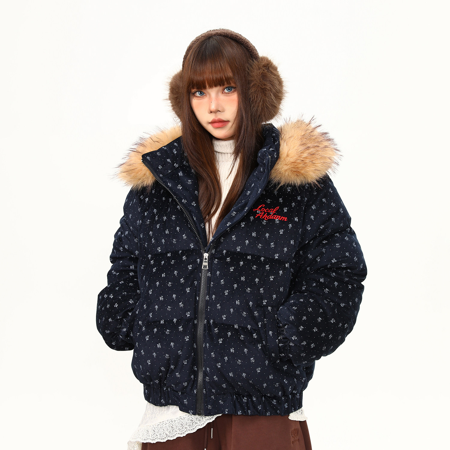 棉服女美式復古碎花設計感外套女冬季保暖加厚可拆卸棉衣