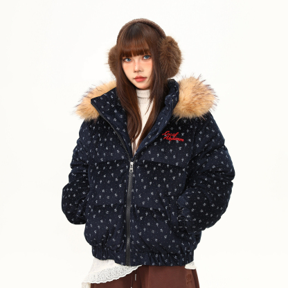 棉服女美式復古碎花設計感外套女冬季保暖加厚可拆卸棉衣