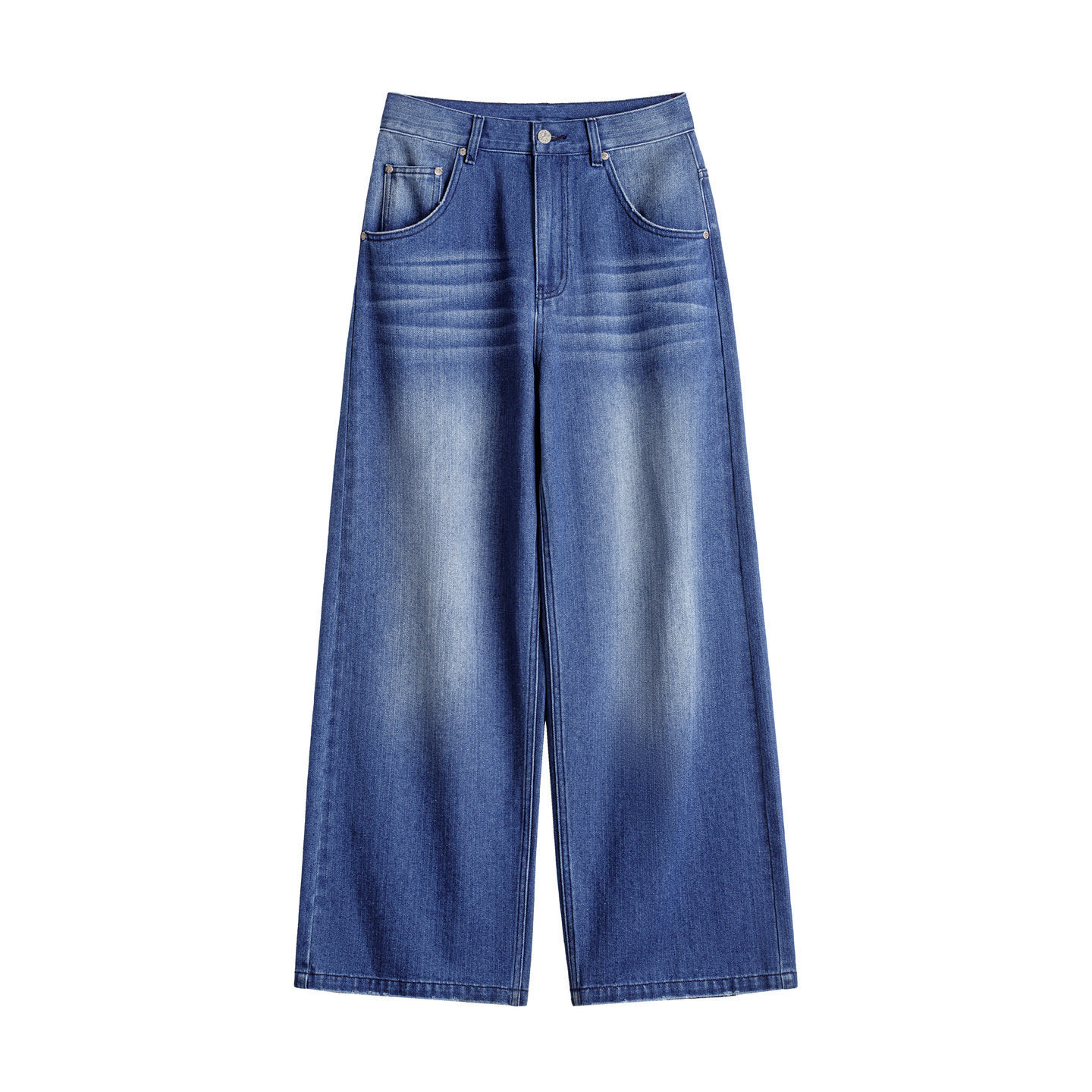 丹寧深藍色復古直筒闊腿水洗牛仔褲全純棉拖地長褲女士春秋