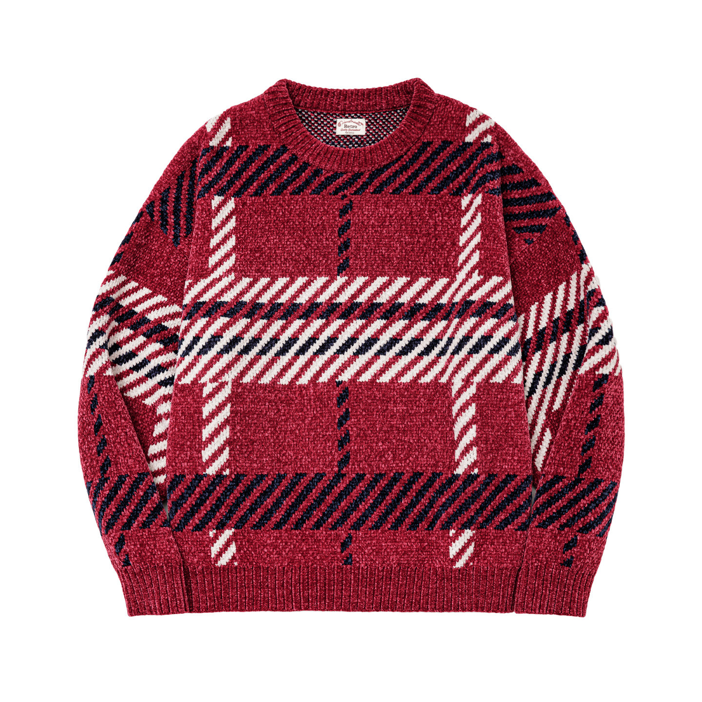 復古雪尼爾格紋寬鬆聖誕套頭保暖加厚實毛衣軟糯針織衫女秋冬