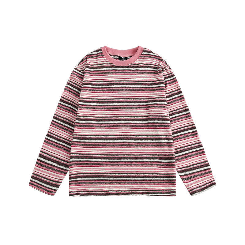 街頭潮牌復古拼接條紋長袖t恤女春秋新款美式寬鬆套頭上衣