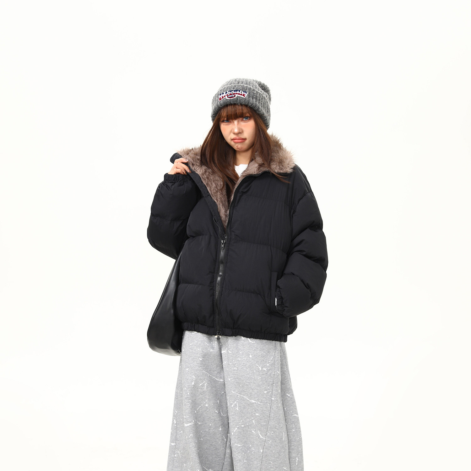 冬季加厚毛領保暖麵包棉服女立領高級感美式復古棉衣棉襖