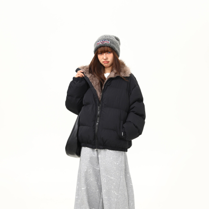 冬季加厚毛領保暖麵包棉服女立領高級感美式復古棉衣棉襖