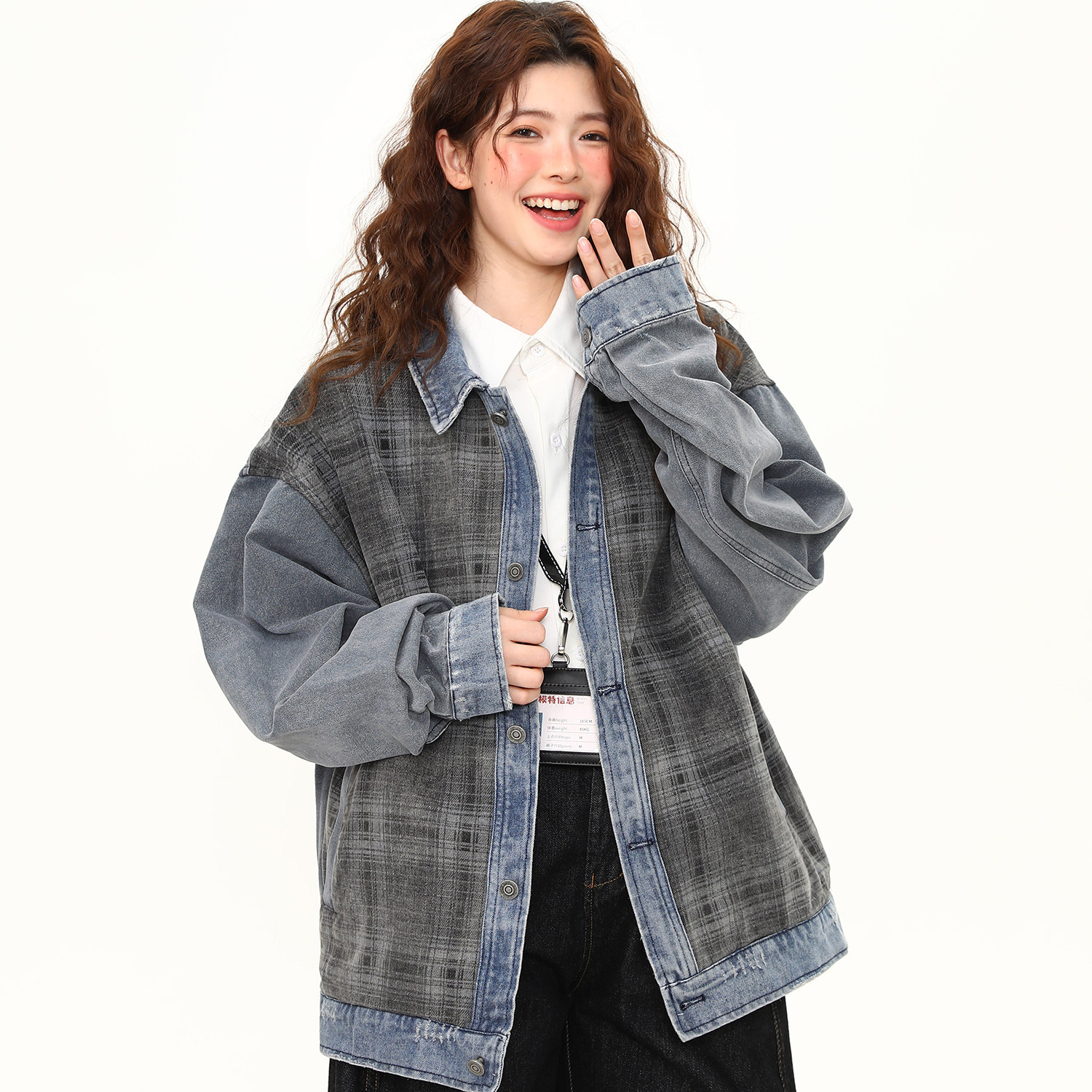 美式復古水洗格紋拼接牛仔外套女春季新款重磅潮牌夾克
