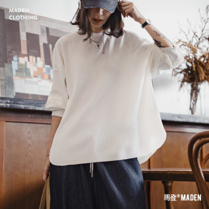 白色華夫格白色寬鬆套頭衛衣圓領長袖T恤亨利衫上衣女士早秋