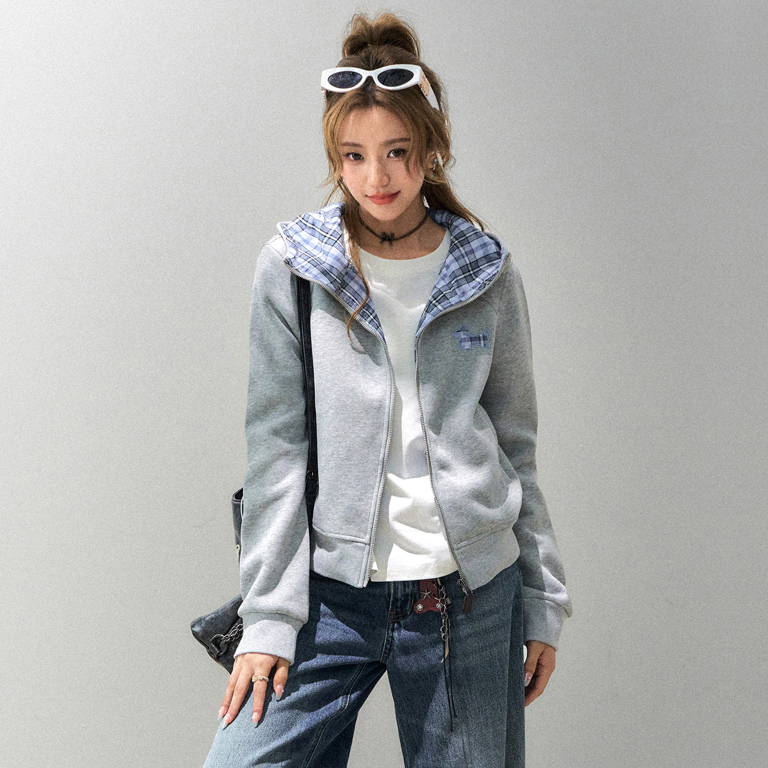 韓系慵懶格子臘腸狗連帽衛衣外套女款秋短款修身上衣